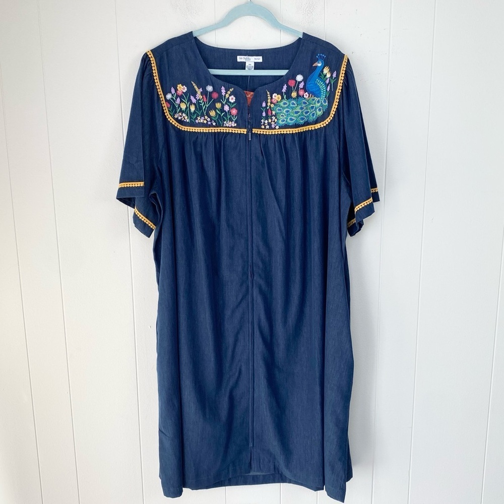 Go Softly Embroidered Peacock Denim Short Sleeve Zip Front Patio Dress Sz 3X NWT